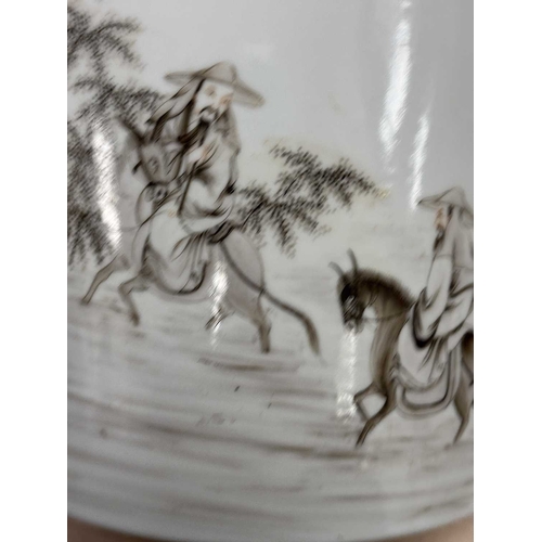 134 - A CHINESE GRISAILLE DECORATED BRUSH POT, BITONG painted with mounted figures and a single figure in ... 