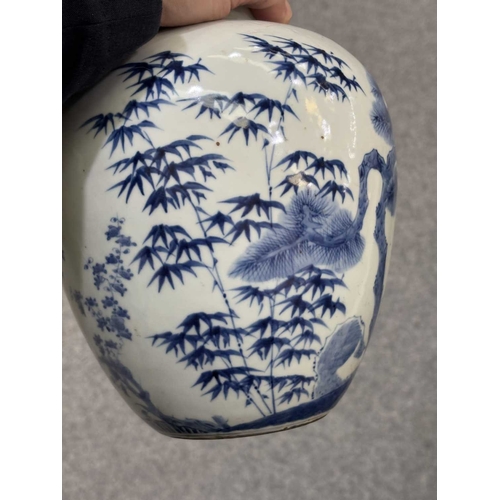 148 - A CHINESE BLUE AND WHITE JAR painted with the three friends of Winter, the neck with a geometric ban... 