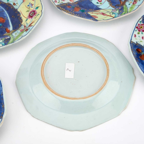 164 - SIX CHINESE 'PSEUDO-TOBACCO LEAF' PLATES, QIANLONG octagonal, brightly enamelled and gilt with deep ... 