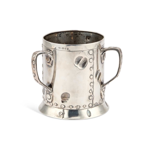 416 - A LARGE ARTS AND CRAFTS SILVER SIMULATED LEATHER TYG by Kemp Brothers, London 1926, of cylindrical f... 