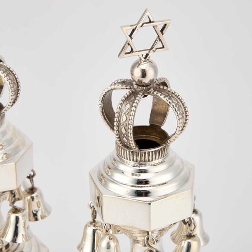 427 - JUDAICA: A PAIR OF SILVER TORAH FINIALS by A Taite & Sons Ltd, London 1955, each surmounted by a... 