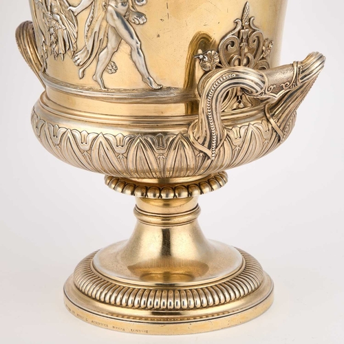 499 - A LARGE GEORGE IV SILVER-GILT WINE COOLER by John Bridge, London 1825, the flared circular bowl with... 