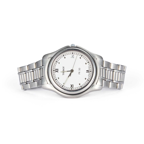 595 - A GENTS STEEL TISSOT BRACELET WATCH the circular white dial signed Tissot PR50, with dot/ Roman indi... 