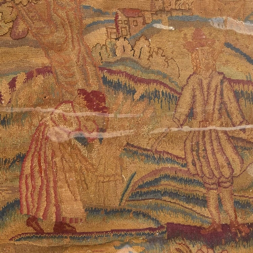 79 - A 19TH CENTURY NEEDLEWORK PICTURE of large size, depicting a harvesting couple and their dog in a la... 