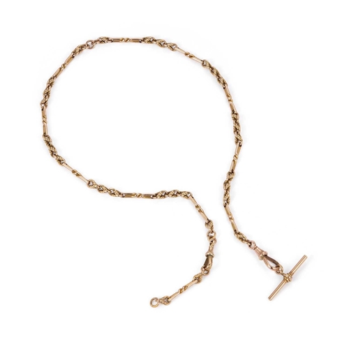 822 - A FANCY LINK ALBERT CHAIN NECKLACE with clips and T-bar, stamped '9.375', (a/f). 44cm long, 22.6 gra... 