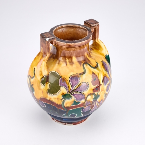 105 - AN OLD MORAVIAN POTTERY TWO-HANDLED VASE IN THE ART NOUVEAU TASTE 23cm high