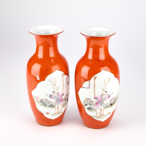 168 - TWO KUTANI VASES WITH AN IRON-RED GROUNDS (2) Each 28.5cm high