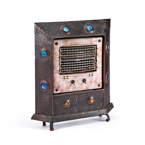 283 - AN EARLY 20TH CENTURY COPPER ELECTRIC ROOM HEATER the textured copper surround set with six Ruskin t... 