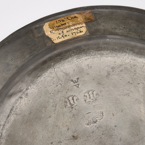 294 - THREE ENGLISH PEWTER CHARGERS, CIRCA 1700 including Baldwin of Wigan. (3) Largest 42cm diameterThe W... 