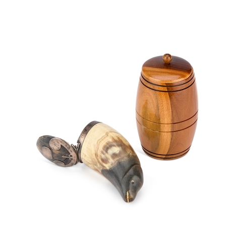 326 - A 19TH CENTURY HORN SNUFF MULL unmarked, carved with a face; together with a treen jar. (2) Snuff mu... 