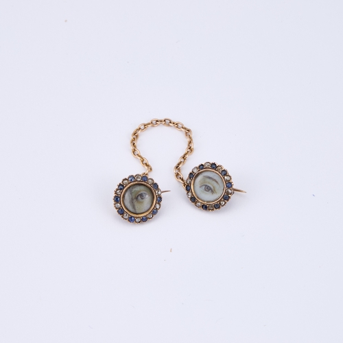 340 - A 19TH CENTURY LOVER'S EYE PORTRAIT MINIATURE SAPPHIRE AND DIAMOND CLOAK CLASP each circular panel d... 