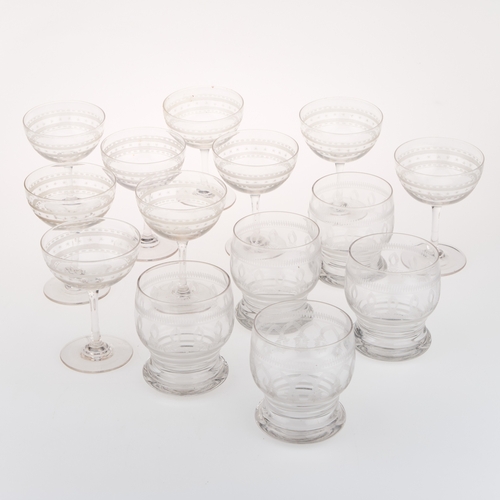 38 - A COLLECTION OF EARLY 20TH CENTURY ETCHED DRINKING GLASSES AND FINGER BOWLS (Two trays)