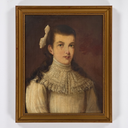 381 - 19TH CENTURY ENGLISH SCHOOL PORTRAIT OF A YOUNG LADY Oil on canvas(49cm x 39.5cm)