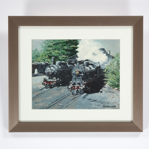 390 - â¡ KEITH HARRIS (CONTEMPORARY) STEAM TRAINS Signed and dated (19)85
Oil on canvas-board
 (19.5cm x ... 