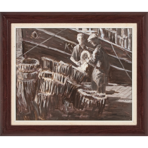 393 - â¡ C. JACK (CONTEMPORARY) FOUR OILS INCLUDING FISHING BOATS AND FIGURES Signed
Oil on board
 (Each ... 