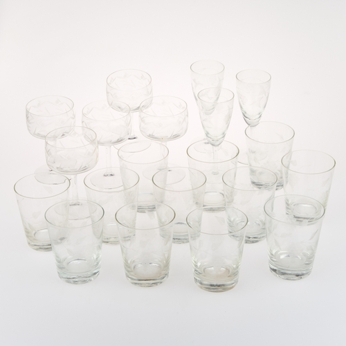 51 - A COLLECTION OF ETCHED AND CUT DRINKING GLASSES (Two trays)