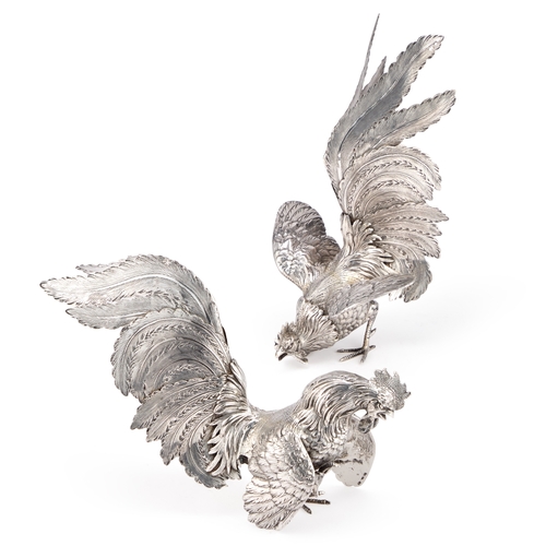 A FINE PAIR OF CONTINENTAL SILVER MODELS OF COCKERELS late 19th/ early ...