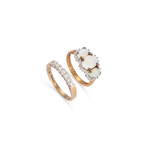 716 - TWO 9 CARAT GOLD RINGS comprising a three stone opal and diamond cluster ring, hallmarked; together ... 