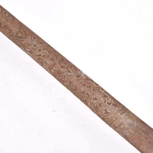 17 - TWO CUP-HILT RAPIERS each with pierced iron guard and engraved blade. (2) 102cm long overall