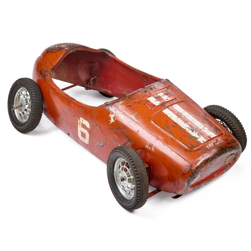 52 - A VINTAGE 'FERRARI' PEDAL CAR POSSIBLY BY TRI-ANG painted red with racing number â6â and twin wh... 