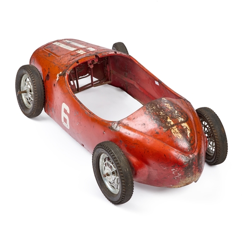 52 - A VINTAGE 'FERRARI' PEDAL CAR POSSIBLY BY TRI-ANG painted red with racing number â6â and twin wh... 