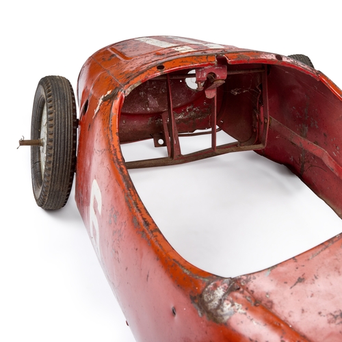 52 - A VINTAGE 'FERRARI' PEDAL CAR POSSIBLY BY TRI-ANG painted red with racing number â6â and twin wh... 