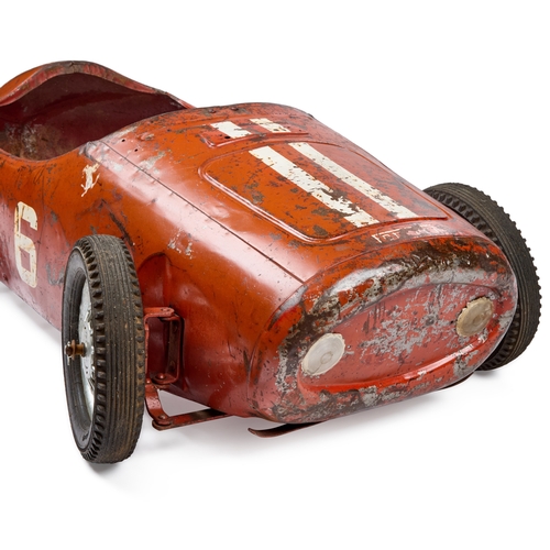 52 - A VINTAGE 'FERRARI' PEDAL CAR POSSIBLY BY TRI-ANG painted red with racing number â6â and twin wh... 