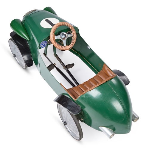 53 - A VINTAGE BAGHERA âAUSTINâ PEDAL CAR painted dark green with racing number â1â, fitted with ... 