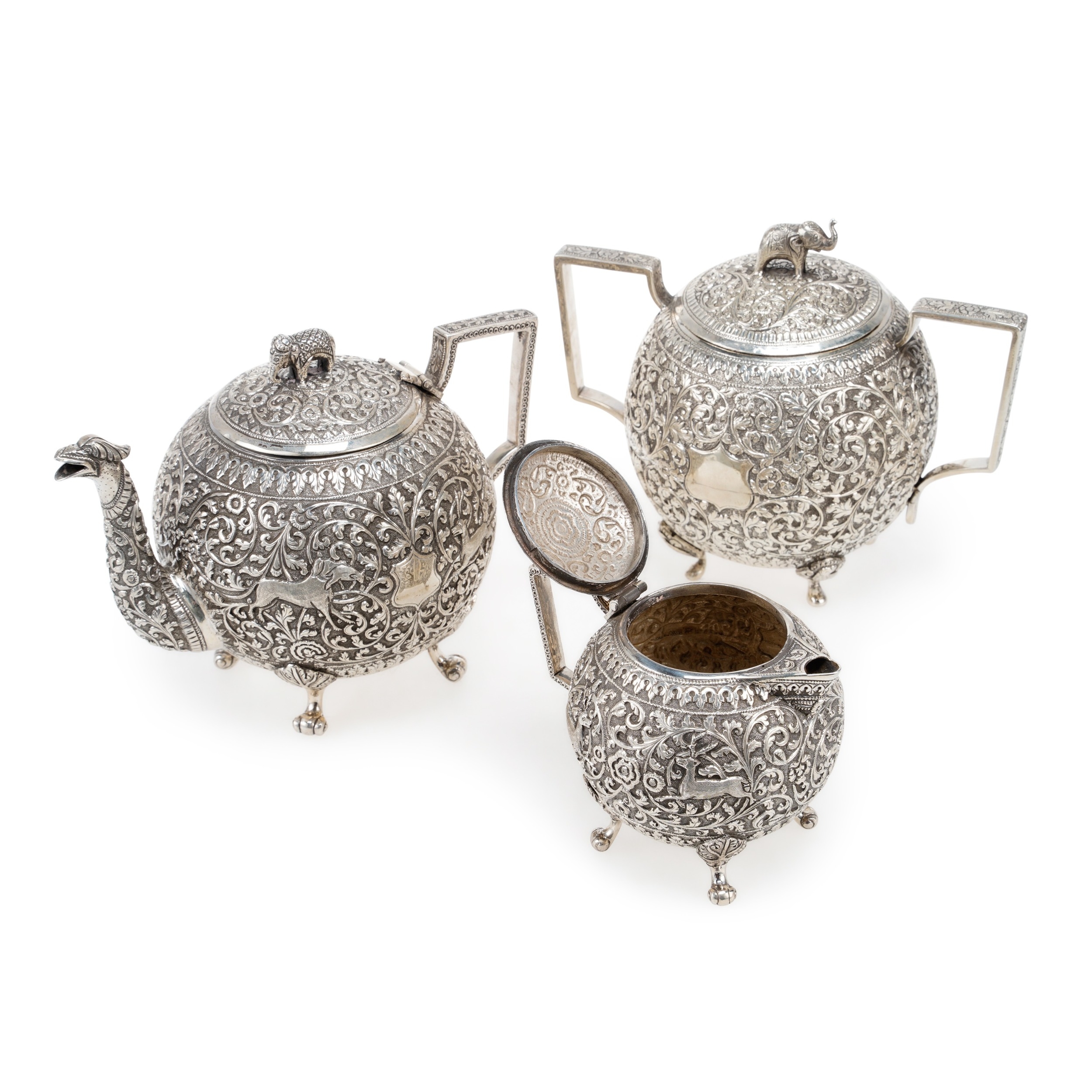 AN INDIAN SILVER MATCHED THREE-PIECE TEA SERVICE. Lucknow, late 19th ...