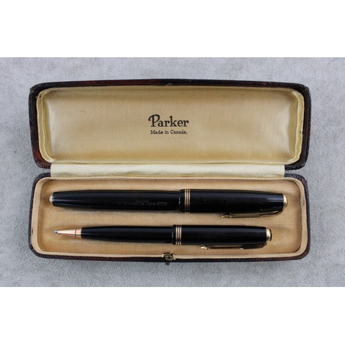 1094 - Vintage Parker vacumatic fountain pen w/ 14ct gold nib, pencil, box