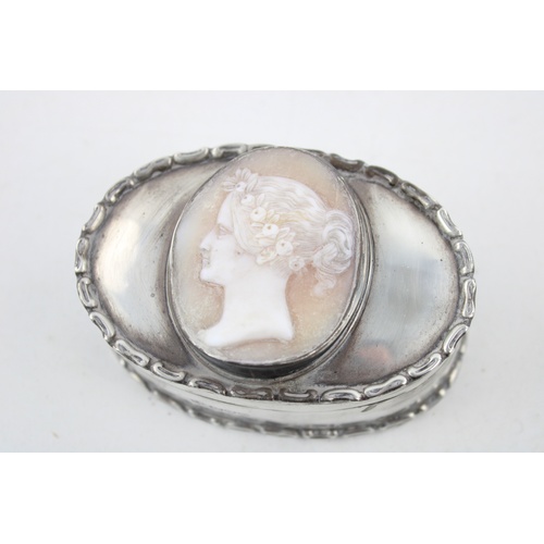 575 - Antique hallmarked 1909 Chester silver trinket box w/ cameo shell