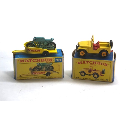 1076 - Matchbox Lesney Honda motor cycle with trailer No38 and standard jeep No72 Both in excellent conditi... 