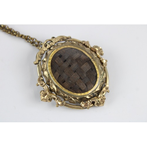 62 - Antique rotating double sided mourning brooch / pendant necklace w/ woven hair