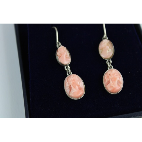 73 - Vintage sterling silver carved coral cameo double drop earrings