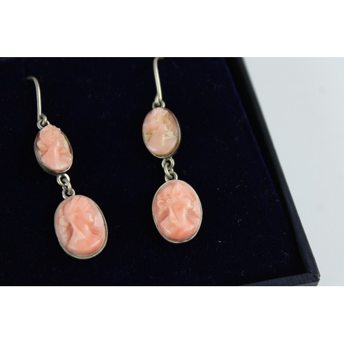 73 - Vintage sterling silver carved coral cameo double drop earrings