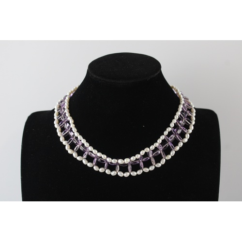 89 - 14ct gold clasped pearl and amethyst collar necklace (53g)