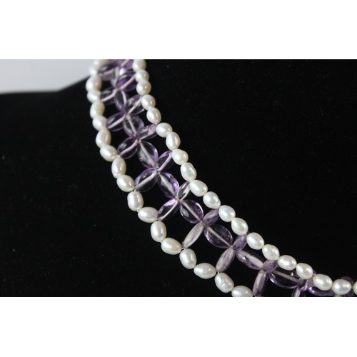 89 - 14ct gold clasped pearl and amethyst collar necklace (53g)