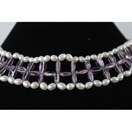 89 - 14ct gold clasped pearl and amethyst collar necklace (53g)