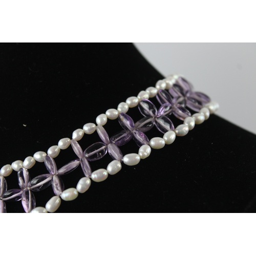 89 - 14ct gold clasped pearl and amethyst collar necklace (53g)