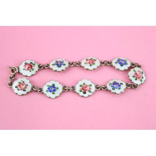 95 - Norway sterling silver guilloche enamel flower panel bracelet (9g)