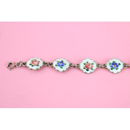 95 - Norway sterling silver guilloche enamel flower panel bracelet (9g)