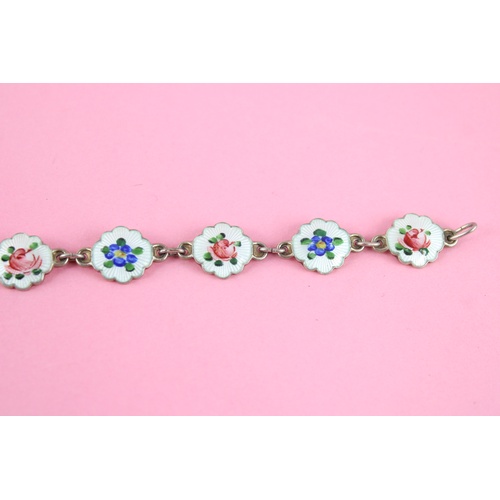 95 - Norway sterling silver guilloche enamel flower panel bracelet (9g)