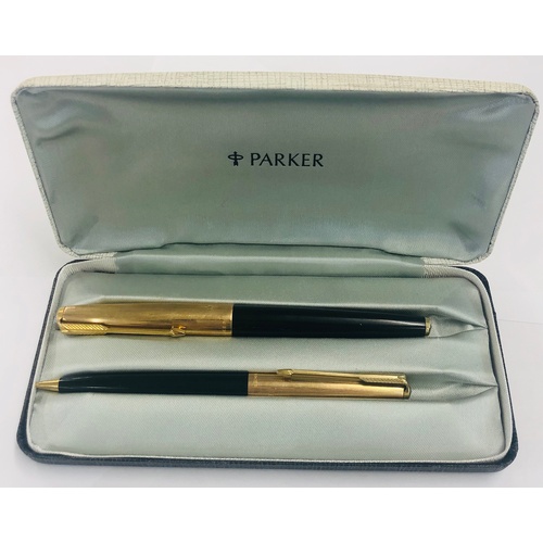 1101 - Vintage Parker 61 black fountain pen w/ rolled gold cap, boxed