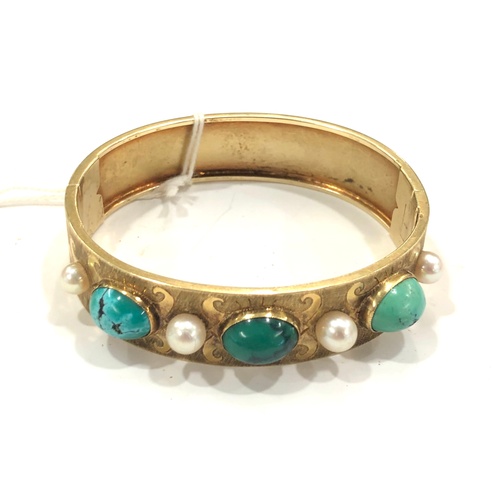 550A - Antique high carat gold bracelet set with turquoise and pearls, weighs 23.6g