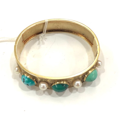 550A - Antique high carat gold bracelet set with turquoise and pearls, weighs 23.6g