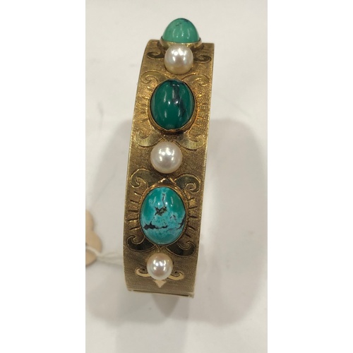 550A - Antique high carat gold bracelet set with turquoise and pearls, weighs 23.6g