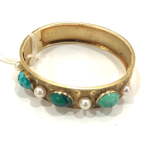 550A - Antique high carat gold bracelet set with turquoise and pearls, weighs 23.6g