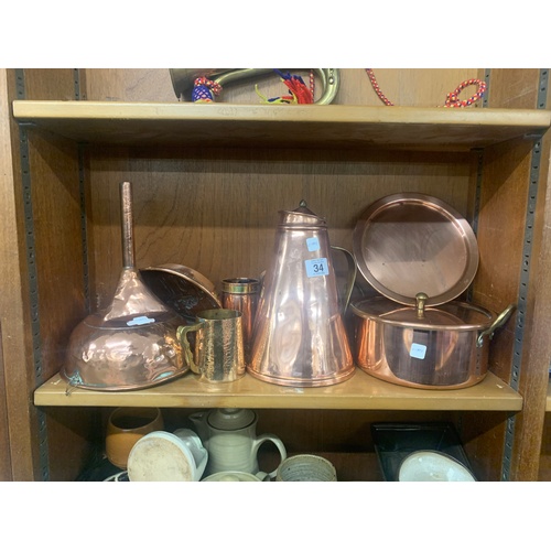 34 - Shelf of brass and copper ware