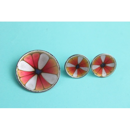 108 - Hogan Bolas modernist enamel earring and brooch set