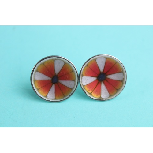 108 - Hogan Bolas modernist enamel earring and brooch set